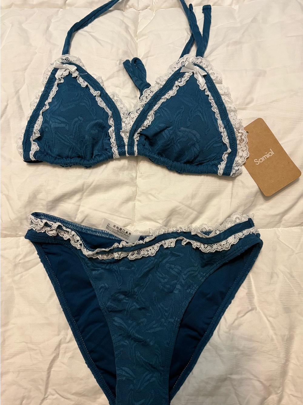 Samiol Teal Lace-Trim Triangle Bikini Set - Teal